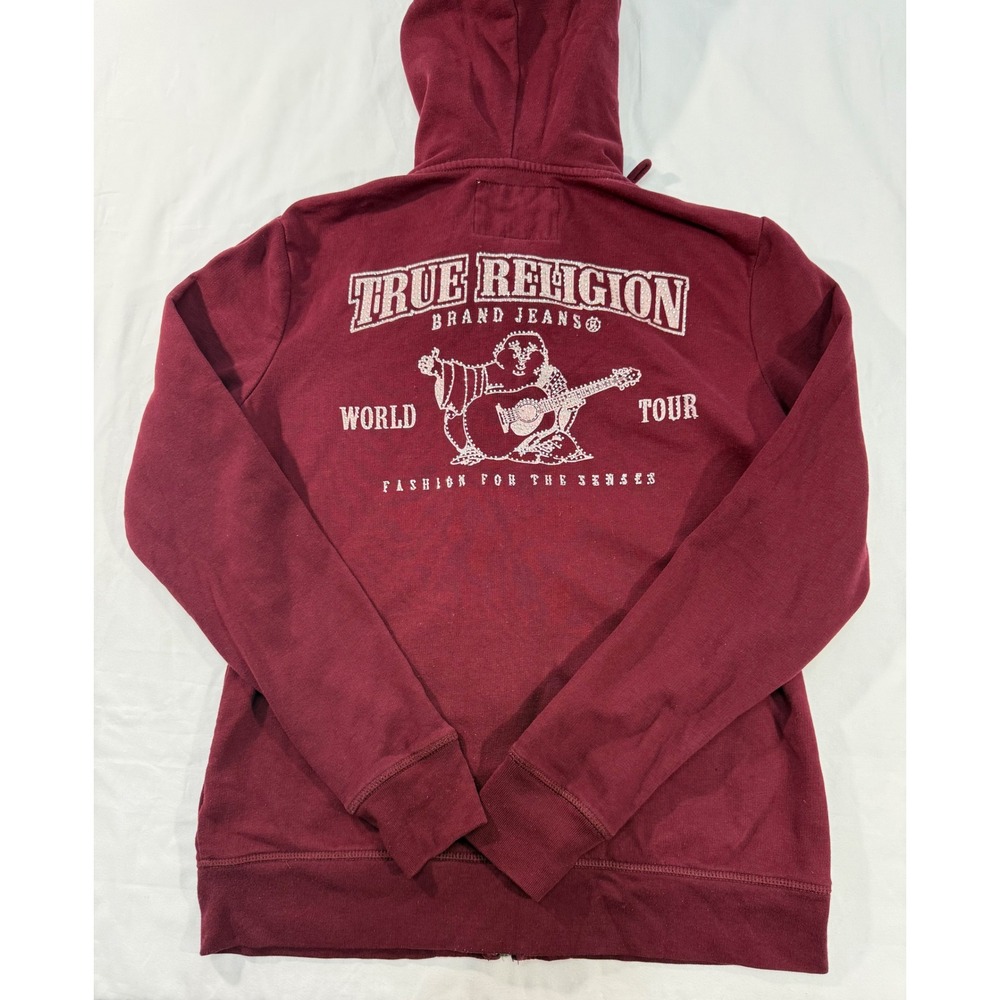 True Religion Mens World Tour Logo Zip Hoodie Burgundy Rhinestone Large